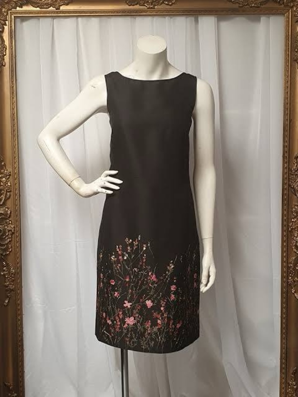 Ann Taylor Black Sleeveless Midi Dress with Pink Floral Embroidery